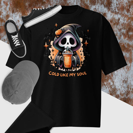 Cold Like My Soul Halloween T-Shirt - Oversized Heavyweight Tee with Mini Grim Reaper & Cold Coffee Design