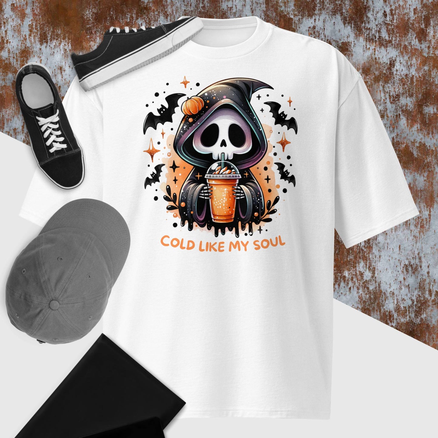 Cold Like My Soul Halloween T-Shirt - Oversized Heavyweight Tee with Mini Grim Reaper & Cold Coffee Design